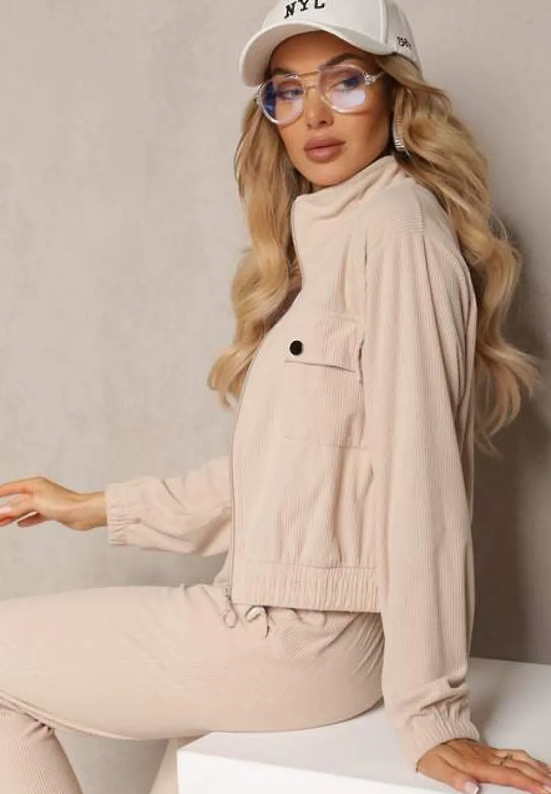 Jasnobeżowy Komplet Dresowy w Prążki Bluza Kurtka Rozpinana z Kołnierzykiem i Spodnie Lisulla