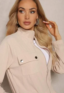 Jasnobeżowy Komplet Dresowy w Prążki Bluza Kurtka Rozpinana z Kołnierzykiem i Spodnie Lisulla