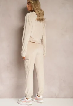 Jasnobeżowy Komplet Dresowy Welurowy z Kieszeniami z Klapami Bluza i Spodnie Amarillis