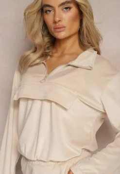 Jasnobeżowy Komplet Dresowy Welurowy z Kieszeniami z Klapami Bluza i Spodnie Amarillis