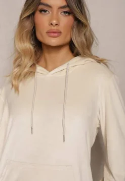 Jasnobeżowy Komplet Dresowy z Weluru Spodnie z Gumką w Pasie i Bluza z Kapturem Lelaria