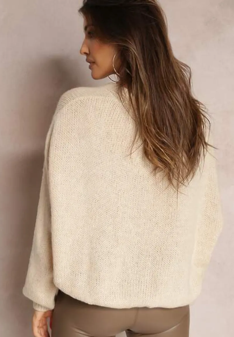 Jasnobeżowy Luźny Kardigan o Krótkim Kroju Zapinany na Ozdobne Guziki Eritreas