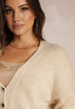 Jasnobeżowy Luźny Kardigan o Krótkim Kroju Zapinany na Ozdobne Guziki Eritreas