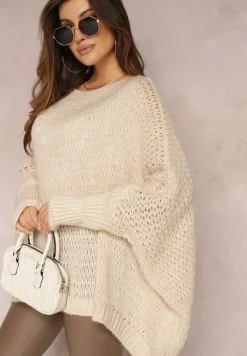 Jasnobeżowy Luźny Sweter Dzianinowy w Stylu Ponczo Nattava