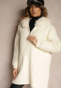 Jasnobeżowy Rozpinany Płaszcz z Wiskozą Wełną i Futerkiem Xesalttia