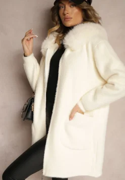 Jasnobeżowy Rozpinany Płaszcz z Wiskozą Wełną i Futerkiem Xesalttia