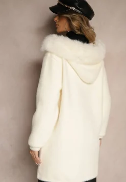 Jasnobeżowy Rozpinany Płaszcz z Wiskozą Wełną i Futerkiem Xesalttia