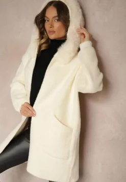 Jasnobeżowy Rozpinany Płaszcz z Wiskozą Wełną i Futerkiem Xesalttia