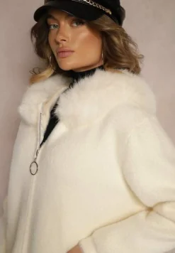 Jasnobeżowy Rozpinany Płaszcz z Wiskozą Wełną i Futerkiem Xesalttia