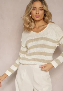 Jasnobeżowy Sweter w Szerokie Paski z Dekoltem w Serek Liminela
