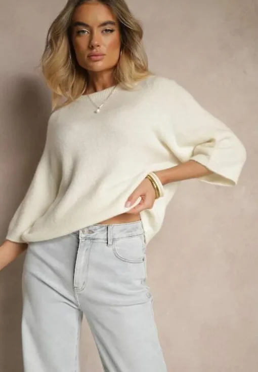 Jasnobeżowy Sweter z Rękawami 3/4 z Wełną Dannalin
