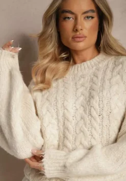 Jasnobeżowy Sweter z Wełną o Eleganckim Warkoczowym Splotem Makkaria