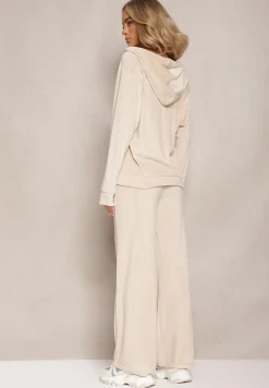 Jasnobeżowy Welurowy Komplet Dresowy z Bluzą i Szerokimi Spodniami Anelivs