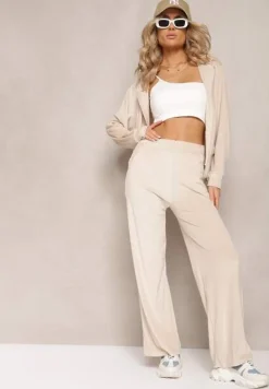 Jasnobeżowy Welurowy Komplet Dresowy z Bluzą i Szerokimi Spodniami Anelivs