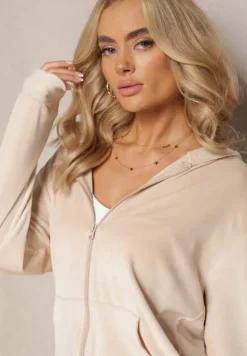 Jasnobeżowy Welurowy Komplet Dresowy z Bluzą i Szerokimi Spodniami Anelivs