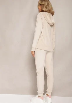 Jasnobeżowy Welurowy Komplet Dresowy Bluza z Kapturem i Proste Spodnie Arislo