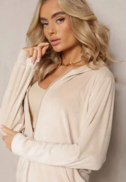 Jasnobeżowy Welurowy Komplet Dresowy Bluza z Kapturem i Proste Spodnie Arislo