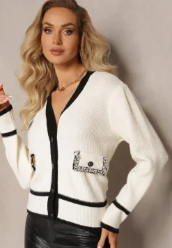 Jasnobeżowy Wiskozowy Sweter Kardigan z Kontrastową Lamówką i Naszywkami Narjee