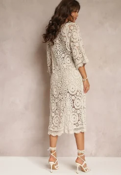 Jasnobeżowy Wiązany Kardigan Narzutka o Długim Ażurowym Fasonie Avyona