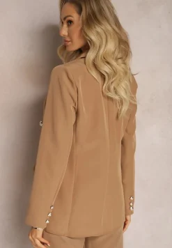Jasnobrązowa Marynarka Niezapinana z Dekoracyjnymi Guzikami Cose