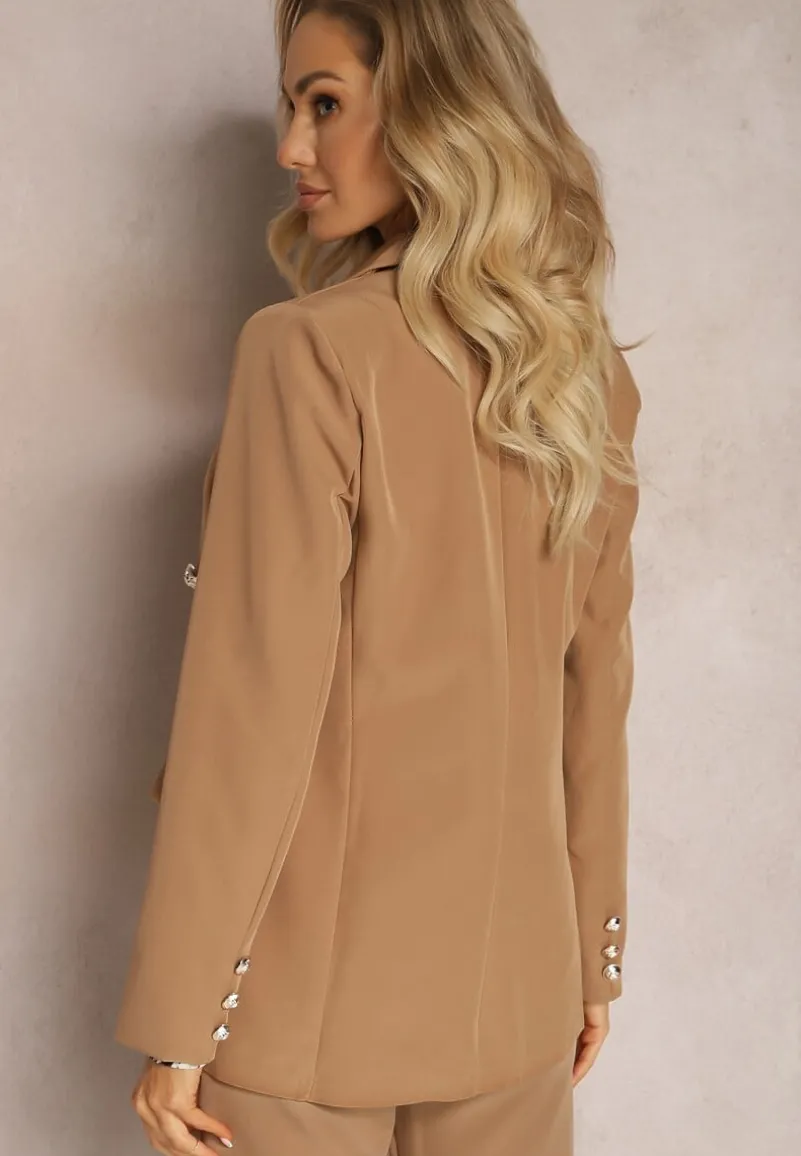 Jasnobrązowa Marynarka Niezapinana z Dekoracyjnymi Guzikami Cose