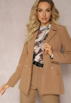 Jasnobrązowa Marynarka Niezapinana z Dekoracyjnymi Guzikami Cose