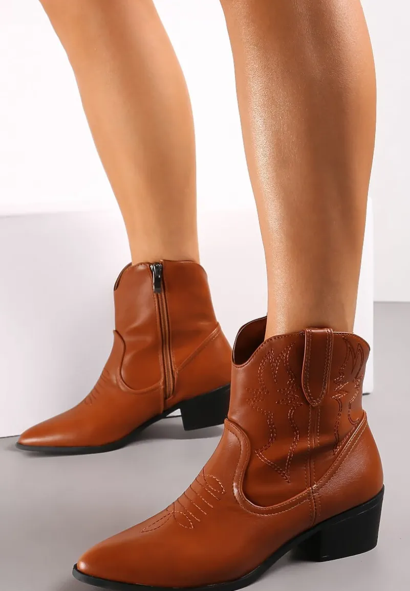 Jasnobrązowe Botki Kowbojki z Ozdobnymi Przeszyciami na Niskim Obcasie Aderba