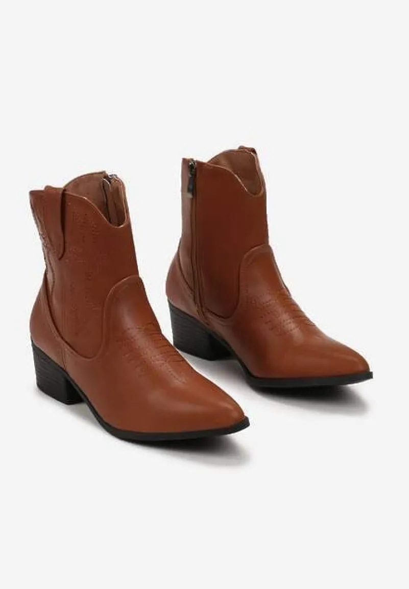 Jasnobrązowe Botki Kowbojki z Ozdobnymi Przeszyciami na Niskim Obcasie Aderba