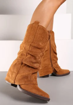 Jasnobrązowe Botki na Stożku w Stylu Kowbojek Ozdobione Wywiniętą Cholewką Vairea