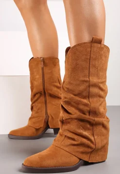 Jasnobrązowe Botki na Stożku w Stylu Kowbojek Ozdobione Wywiniętą Cholewką Vairea