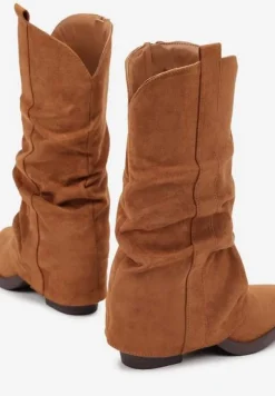 Jasnobrązowe Botki na Stożku w Stylu Kowbojek Ozdobione Wywiniętą Cholewką Vairea
