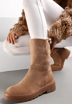 Jasnobrązowe Botki z Imitacji Zamszu z Futerkiem i Płaską Podeszwą Cegia