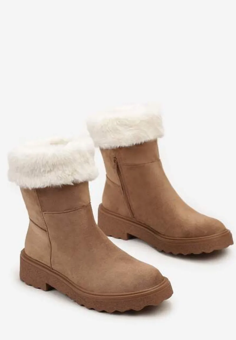 Jasnobrązowe Botki z Imitacji Zamszu z Futerkiem i Płaską Podeszwą Cegia