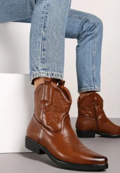 Jasnobrązowe Casualowe Botki Kowbojki z Ozdobnym Haftem i Płaskim Obcasem Ravindora