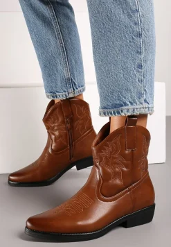 Jasnobrązowe Casualowe Botki Kowbojki z Ozdobnym Haftem i Płaskim Obcasem Ravindora