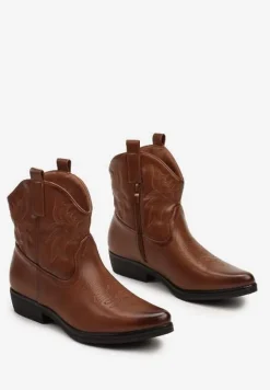 Jasnobrązowe Casualowe Botki Kowbojki z Ozdobnym Haftem i Płaskim Obcasem Ravindora