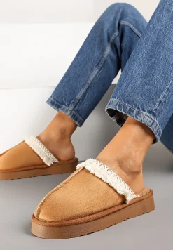 Jasnobrązowe Kapcie na Platformie z Haftowaną Cholewką Vertiala