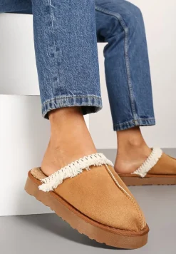 Jasnobrązowe Kapcie na Platformie z Haftowaną Cholewką Vertiala
