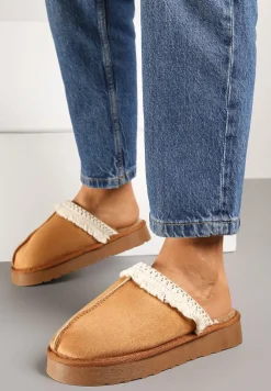 Jasnobrązowe Kapcie na Platformie z Haftowaną Cholewką Vertiala