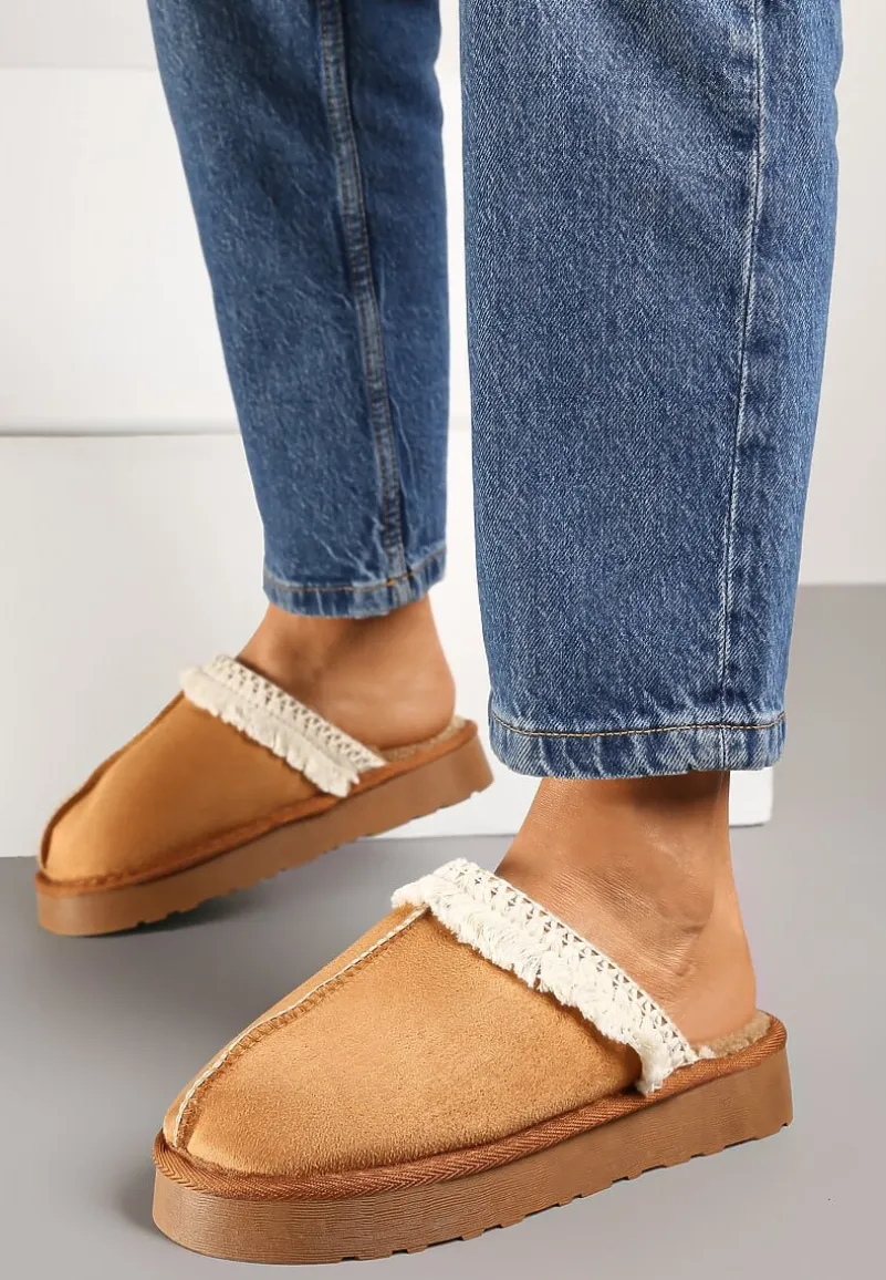 Jasnobrązowe Kapcie na Platformie z Haftowaną Cholewką Vertiala