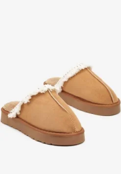 Jasnobrązowe Kapcie na Platformie z Haftowaną Cholewką Vertiala