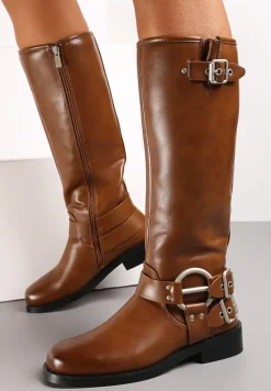 Jasnobrązowe Kozaki Biker z Kwadratowym Noskiem i Ozdobną Klamerką Verveli