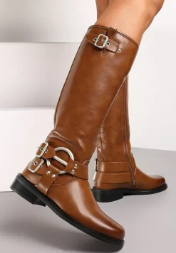 Jasnobrązowe Kozaki Biker z Kwadratowym Noskiem i Ozdobną Klamerką Verveli