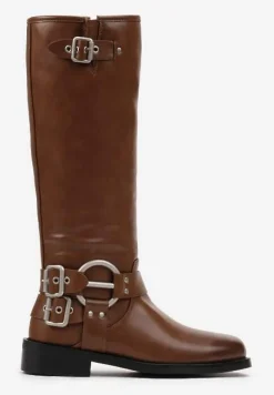 Jasnobrązowe Kozaki Biker z Kwadratowym Noskiem i Ozdobną Klamerką Verveli