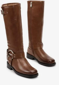 Jasnobrązowe Kozaki Biker z Kwadratowym Noskiem i Ozdobną Klamerką Verveli