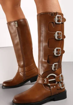 Jasnobrązowe Kozaki Biker z Ozdobnymi Klamerkami i Kwadratowym Noskiem Vivao