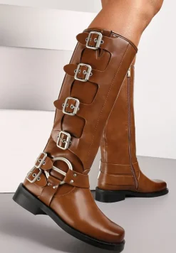 Jasnobrązowe Kozaki Biker z Ozdobnymi Klamerkami i Kwadratowym Noskiem Vivao