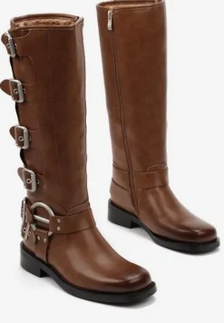 Jasnobrązowe Kozaki Biker z Ozdobnymi Klamerkami i Kwadratowym Noskiem Vivao