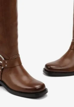 Jasnobrązowe Kozaki Biker z Ozdobnymi Klamerkami i Kwadratowym Noskiem Vivao