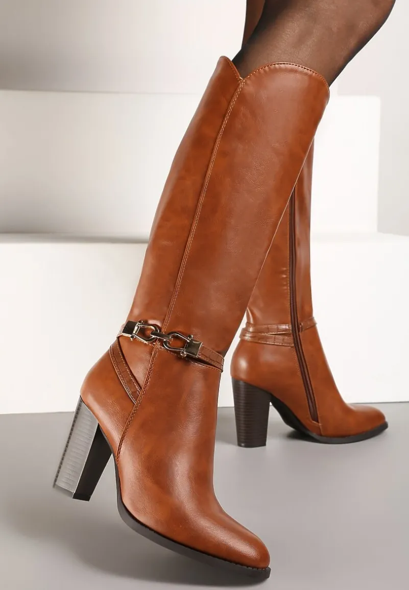 Jasnobrązowe Kozaki na Słupku Muszkieterki z Klamerką Vortilina